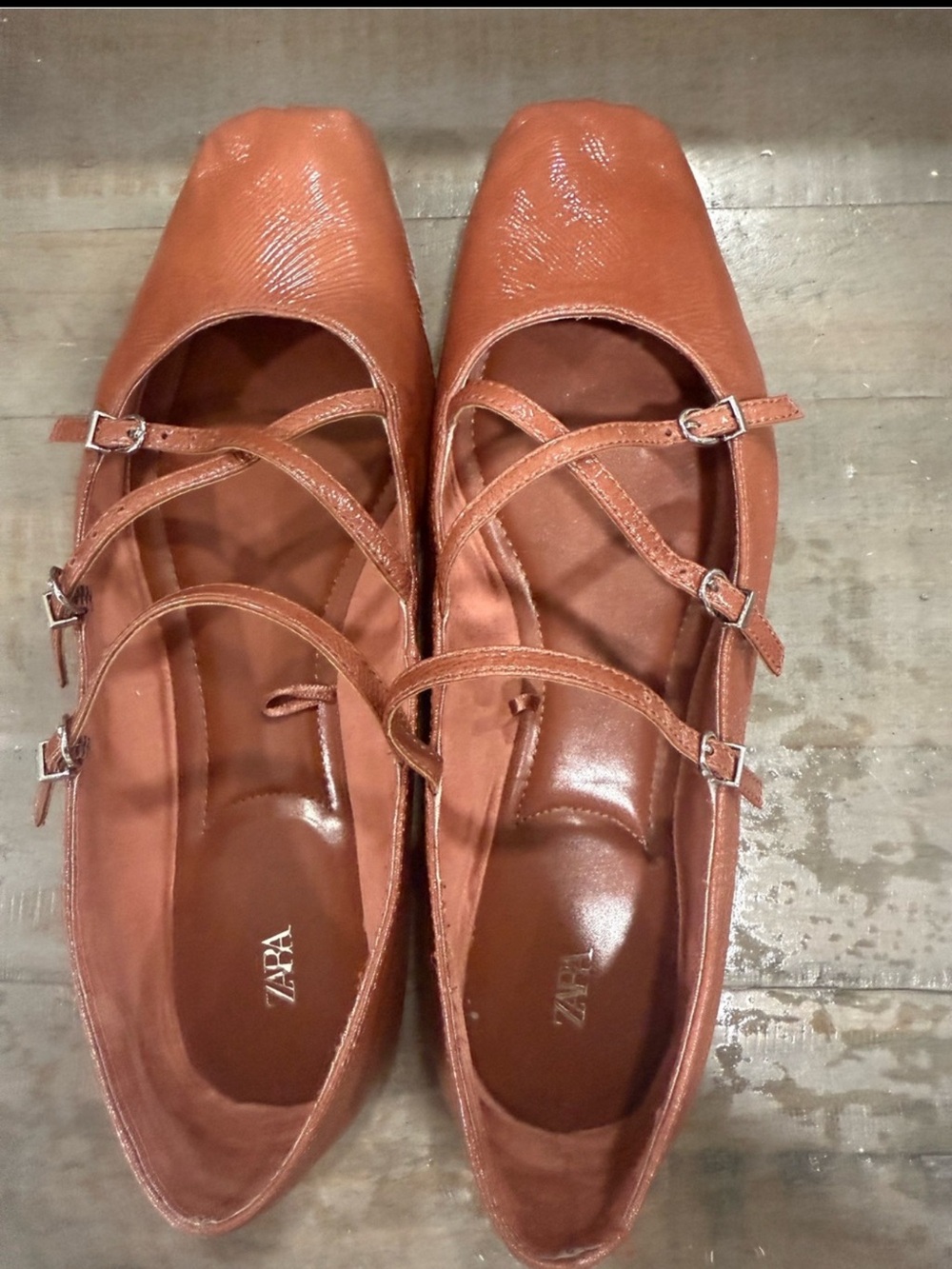 Zara Brown Mary Jane Double Strap Square Toe Ballet Flats 39